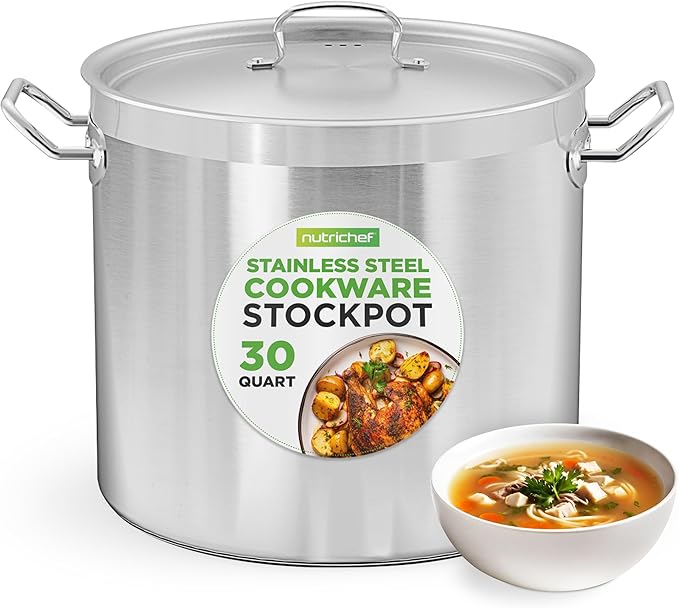 Nutrichef Stainless Steel Cookware Stockpot, 30 Quart Heavy Duty Induction Soup Pot With Stainless Steel Lid And Strong Riveted Handles, Even Heat Distribution, Compatible With Most Cooktops