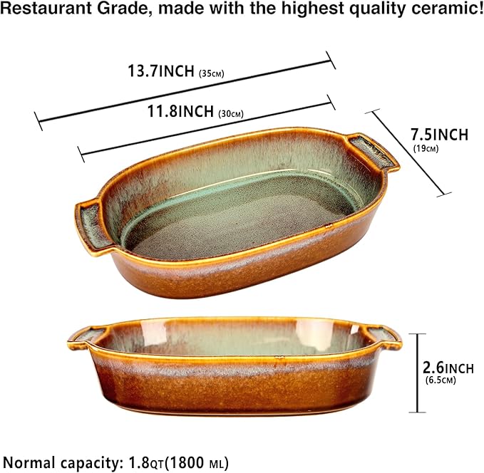 11"x7" Oval Casserole Dish, 1.8 Qt Ceramic Au gratin Baking Dish, Baking Pan with Handles or for mixing, salad, pasta plate, Best gift for those who love baking, Microwave, Oven safe