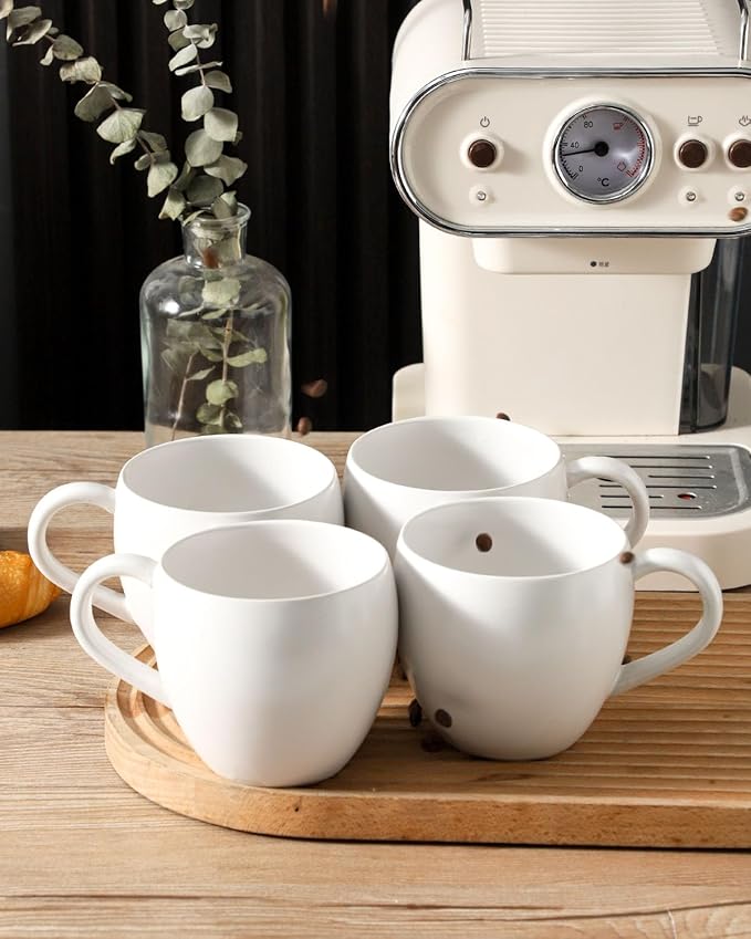 Coffee Mugs Set of 4, Stoneware 16 oz Coffee Cups for Latte, Tea, Milk, Cappuccino, Ceramic Tea Cups for Housewarming Wedding Gift, Microwave & Dishwasher Safe, Matte White