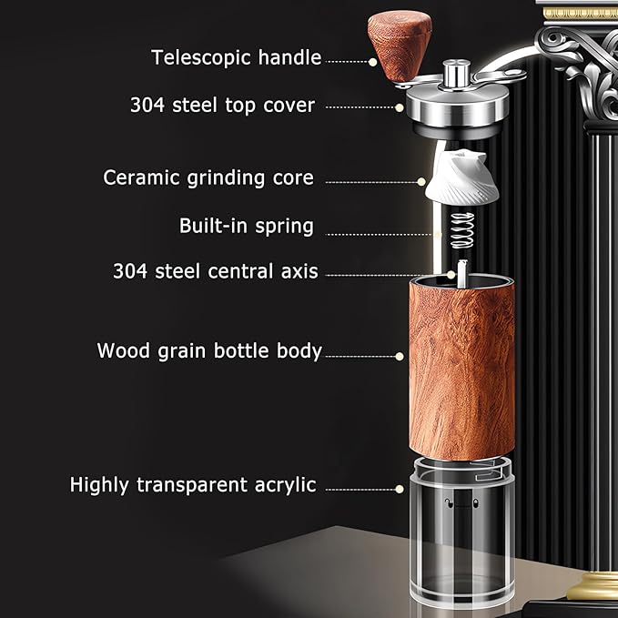 Manual Coffee Grinder, Stainless Steel Body Coffee Bean Grinder, Adjustable Ceramic Conical Mill,Foldable Handle Portable Coffee Grinders
