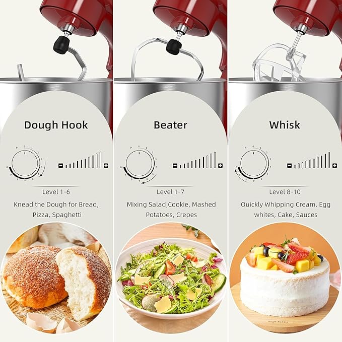Electric Stand Mixer,10 Speeds 660W Tilt-Head Food Mixer, 3-IN-1 Kitchen Mixer for Daily Cooks with 6.5 QT Bowl,Dough Hook, Beater, Whisk (Empire Red)