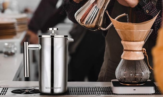 Insulated French Press Coffee Maker Stainless Steel Double-Wall Metal 3 Level Filtration System, Rust-Free Dishwasher Safe