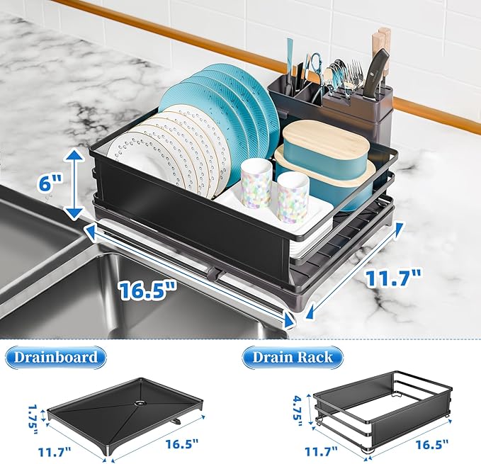 Simple Trending Dish Rack, Steel Dish Drying Rack for Kitchen Counter, Dish Drainer with Cutlery Holder for Large Capacity, Dish Drying Rack with drip Tray, Black