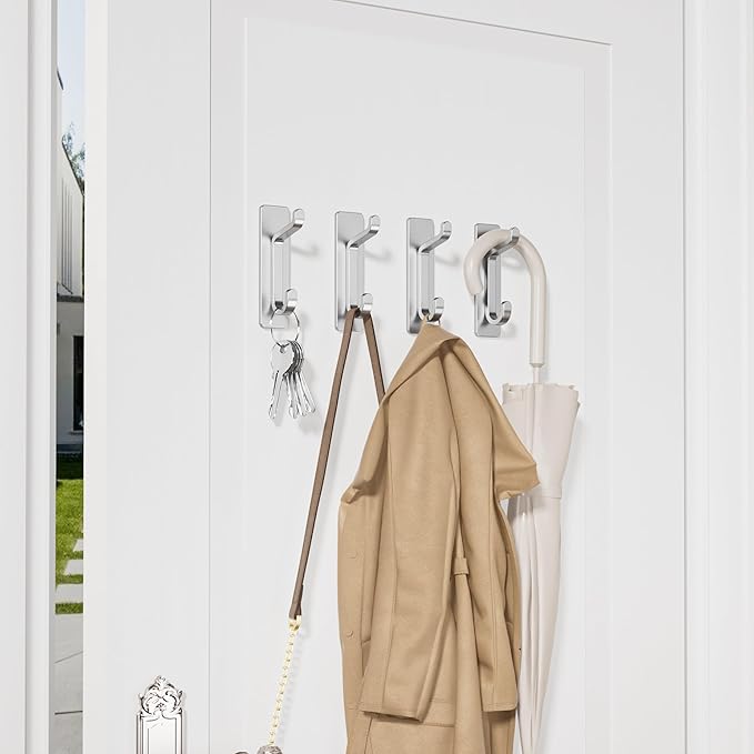 pickpiff Wall Hooks for Coat and Towel: 13LB Adhesive Door Hanger Stick on, Silver 4 Pack