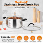 P&P CHEF Stainless Steel Stock Pot, 8 Qt Cooking Soup Pot with Visible Lid for Pasta, Tri-Ply Bottom & Dual Heatproof Handles, For Induction Gas All Stoves, Non-Toxic & Dishwasher Safe
