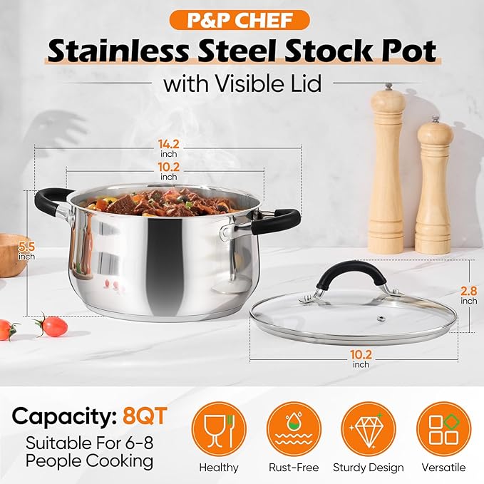 P&P CHEF Stainless Steel Stock Pot, 8 Qt Cooking Soup Pot with Visible Lid for Pasta, Tri-Ply Bottom & Dual Heatproof Handles, For Induction Gas All Stoves, Non-Toxic & Dishwasher Safe