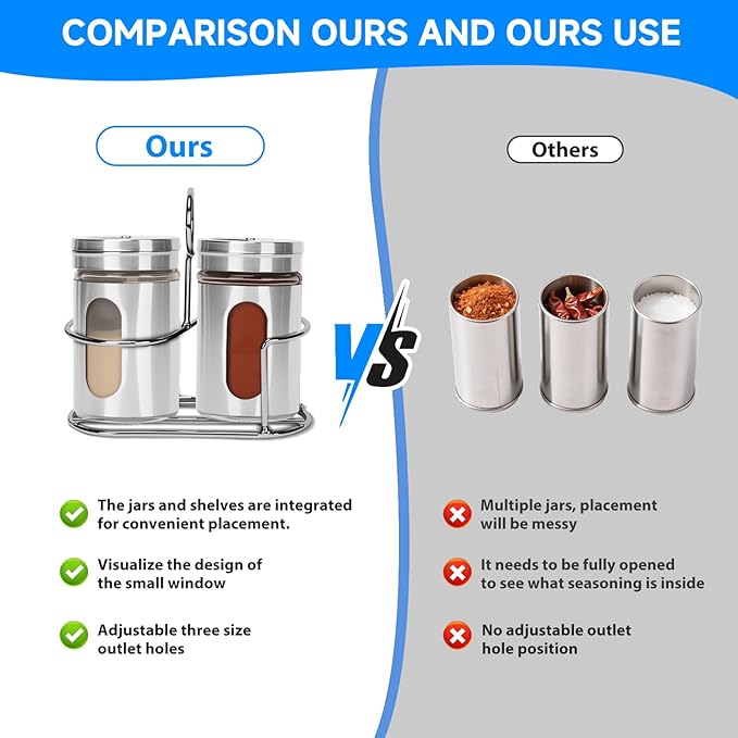 Glass Salt and Pepper Shaker Set with Seasoning Rack, Spice Rack, Adjustable Pour Hole Stainless Steel Lid, 2.8 oz, Spice Dispenser for Salt, Pepper, Spice Preservation (silver)