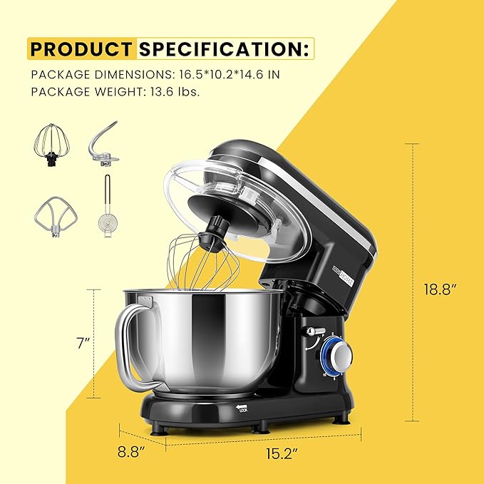 VIVOHOME Stand Mixer, 660W 10 Speed 6 Quart Tilt-Head Kitchen Electric Food Mixer with Beater, Dough Hook, Wire Whip and Egg Separator, Black