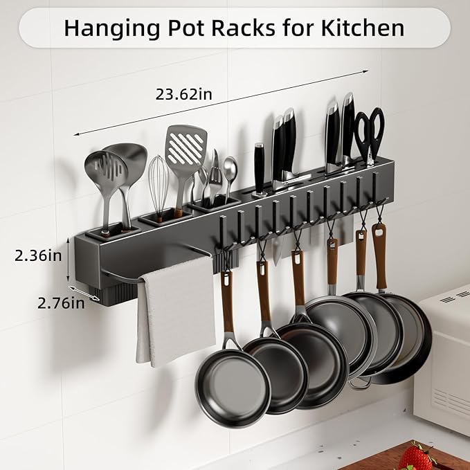 NET MEYA Stainless Steel Pot and Pan Hanger,Wall Mounted Pot Rack Kitchen Hanging Rail With S Hooks,Detachable Pans Hanging Rail Kitchen Lids Utensils Hanger,23.7 Inch Wall Mounted Hanging Pot Rack
