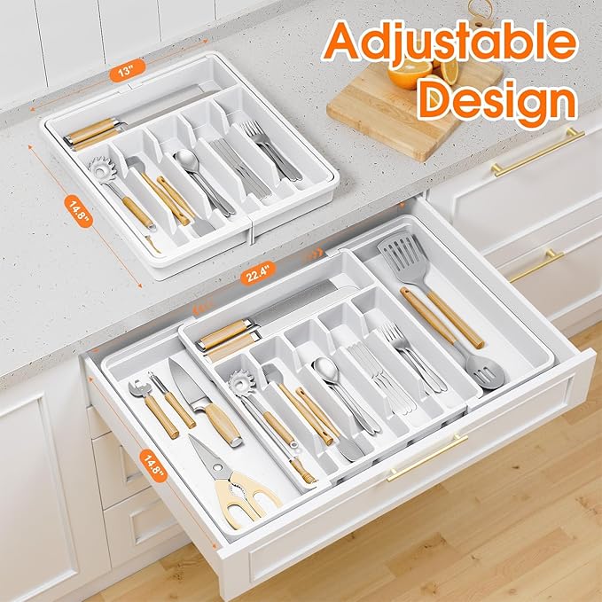 Silverware Organizer，Adjustable & Expandable Utensil Drawer Organizer, BPA Free Utensil Holder, Cutlery Tray for Forks, Spoons, Knives in Kitchen, Large, White