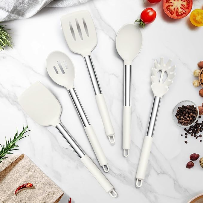TeamFar Cooking Utensils Set, 5 Pcs Silicone Kitchen Utensils with Stainless Steel Handle, for Nonstick Cookware Flipping Frying Turning Draining, Heatproof & Healthy, Healthy & Easy Clean, White