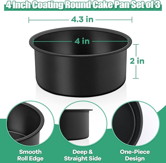 TeamFar 4inch Cake Pan Set of 3, Nonstick Mini Round Baking Cake Pan with Stainless Steel Core, for Baking Smash/Layer Cakes, Healthy & Heatproof, Release Easily & Easy Clean