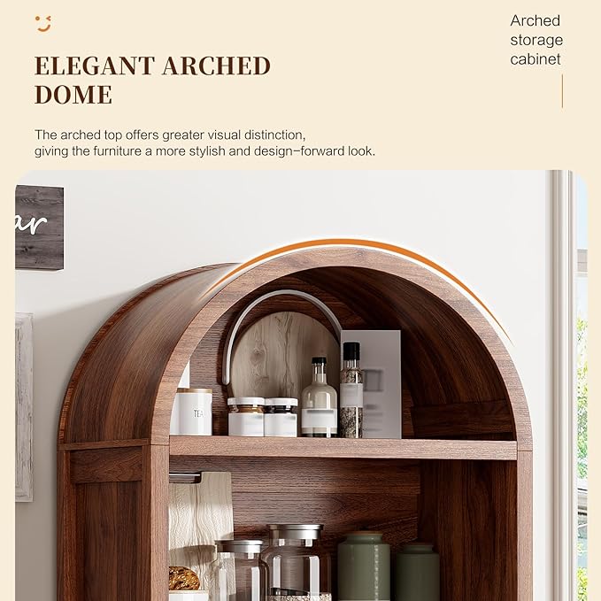 71" Tall Arched Kitchen Pantry,Modern Fluted Wood Storage Cabinet with Doors,Adjustable Shelves,Organizer, Versatile Cupboard for Kitchen,Living Room,Dining Room,Bathroom,Walnut