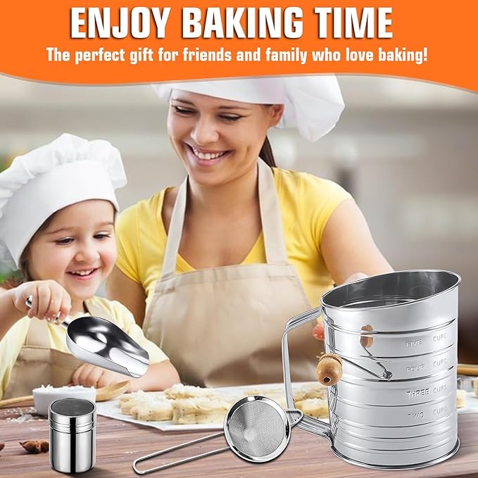 Flour Sifter,5 Cup with Scale Stainless Steel Flour Sifters,4 in 1 Baking Sifter Set with Powder Sugar Shaker Duster,Strainers Fine Mesh and Metal Scoop for Baking Cake,Pastries,Pies,Cupcakes,Desserts