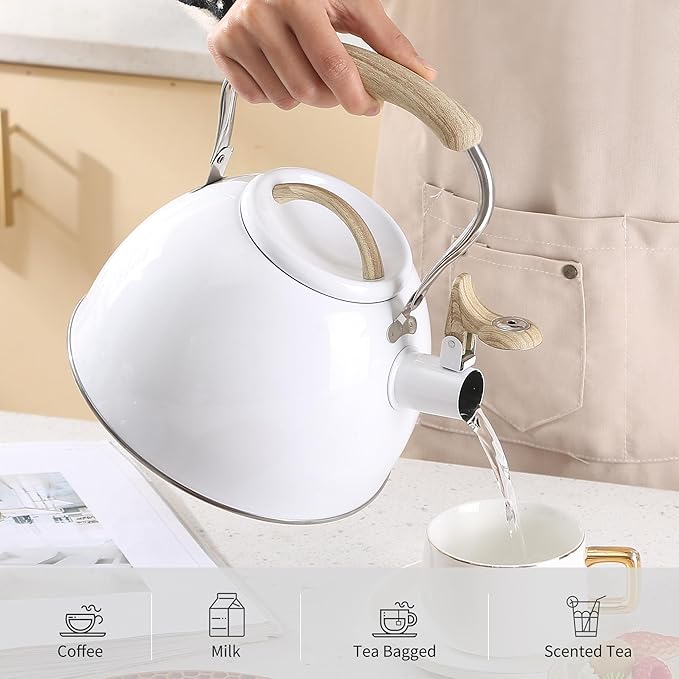 LONFFERY Tea Kettle for Stove Top, 3.2 Quart Whistling Tea Kettle, Food Grade Stainless Steel and Wood Pattern Folding Handle, White