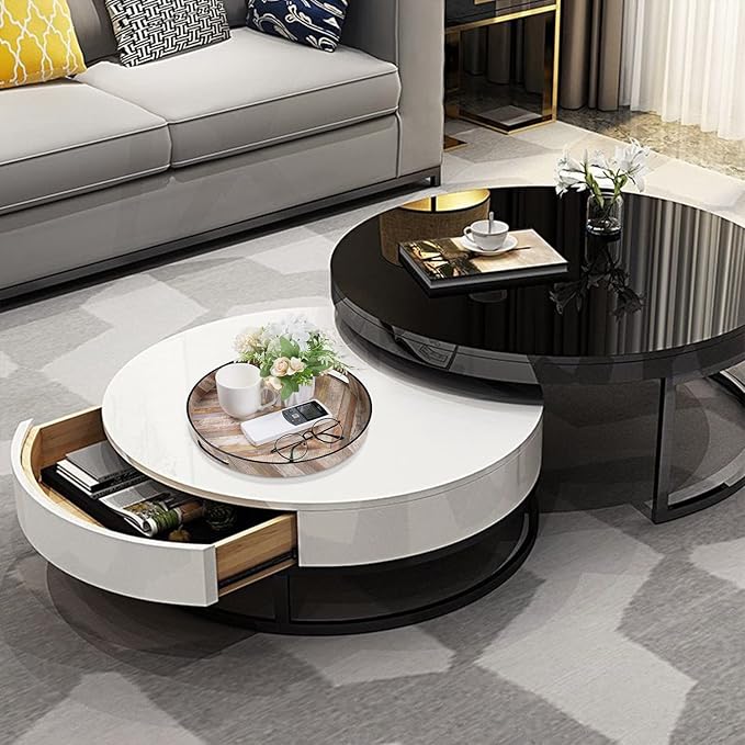 MAONAME 13" Round Decorative Tray, Plastic Tray with Handles, Coffee Table Trays, Serving Trays for Ottoman, Bathroom, Kitchen (Multicolored Wooden Sticker)