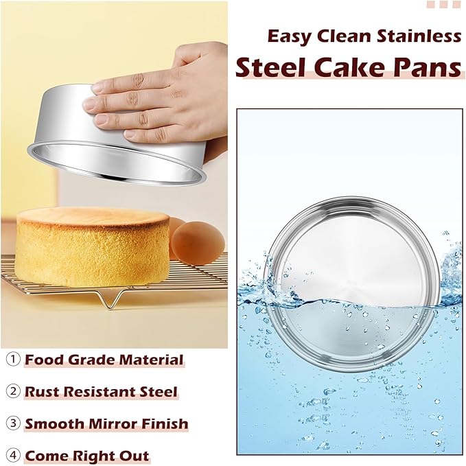 LIANYU 8 Inch Cake Pan Set of 3, Stainless Steel Round Baking Pans with 90 PCS Parchment Paper, Non Toxic Bakeware Tins for Layer Birthday Wedding Cake, Leak-proof & Dishwasher Safe