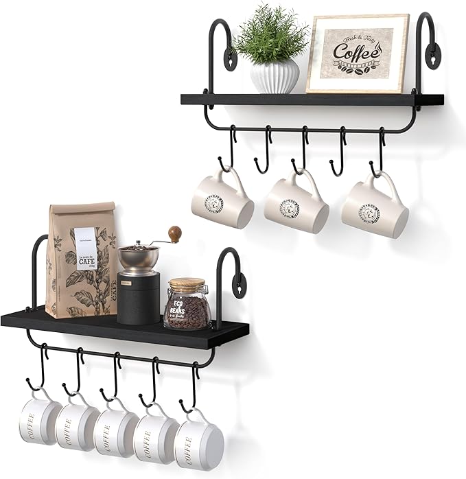 Olakee Floating Wall Shelves for Kitchen Bathroom Coffee Nook with 10 Adjustable Hooks for Mugs Cooking Utensils or Towel Rustic Storage Shelves Set of 2/17x5.9 inch (Black)