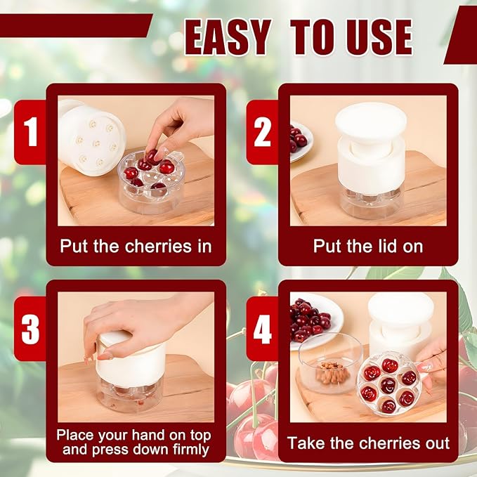 Cherry Pitter, 7-Hole Push-Type Cherry Pitter with Pit Storage Tray, Efficient Pit Removal, Multi-Particle Separator, Fruit Seed Remover Tool (White)