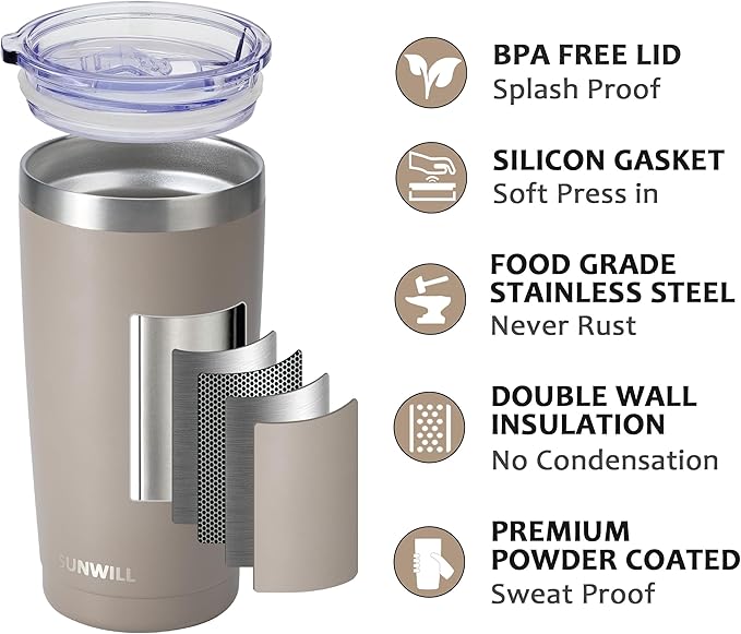 SUNWILL Travel Coffee Tumbler 20 oz, Insulated Mug with Lid, Stainless Steel Cup for Outdoor, Powder Coated Taupe