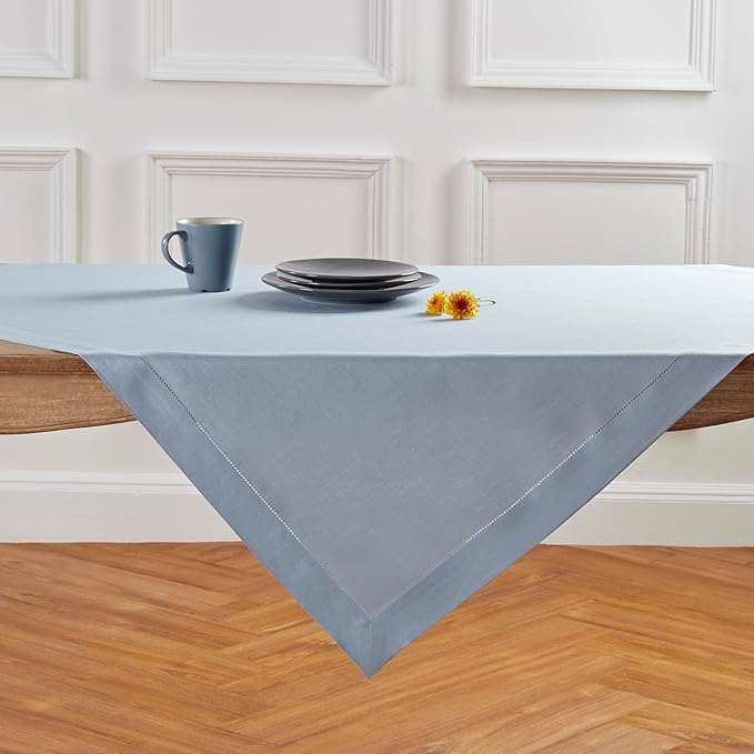 Solino Home Linen Tablecloth 52 x 52 Inch - 100% Pure Linen Dusty Blue Square Tablecloth - Classic Hemstitch, Machine Washable Table Throw for Summer, Fall, Autumn