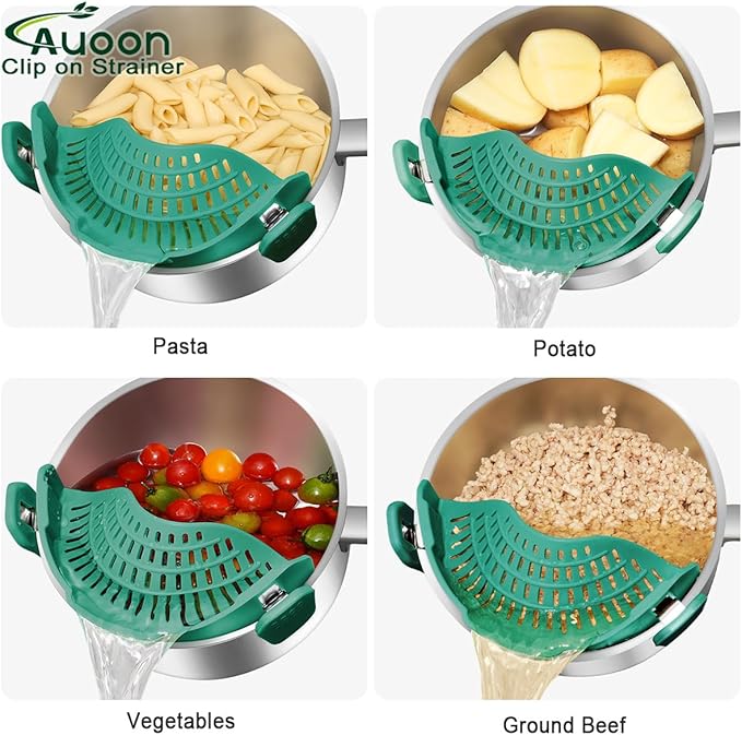 AUOON Oversized Pot Strainer Clip on Silicone - Family-Style Design Pasta Strainer Heat Resistant Kitchen Colander for Spaghetti and Noodles | Dishwasher Safe