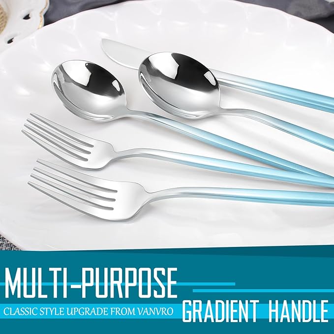 Gradient Blue Silverware Set, 20 Piece Stainless Steel Flatware Set, Kitchen Utensil Set include Knife/Fork/Spoon,Cutlery Service for 4,Mirror Polished