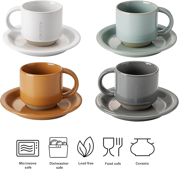 Oak Espresso Cups Set of 4, 3 oz Demitasse Cups, Modern Style, Multi Colors, Microwave & Dishwasher Safe