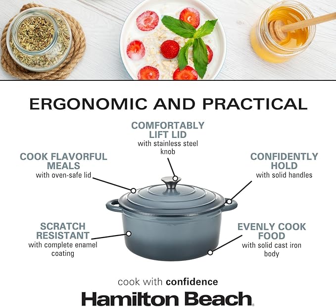 Hamilton Beach Enameled Cast Iron Dutch Oven 5.5-Quart Slate, Cream Enamel Dutch Oven Pot with Lid