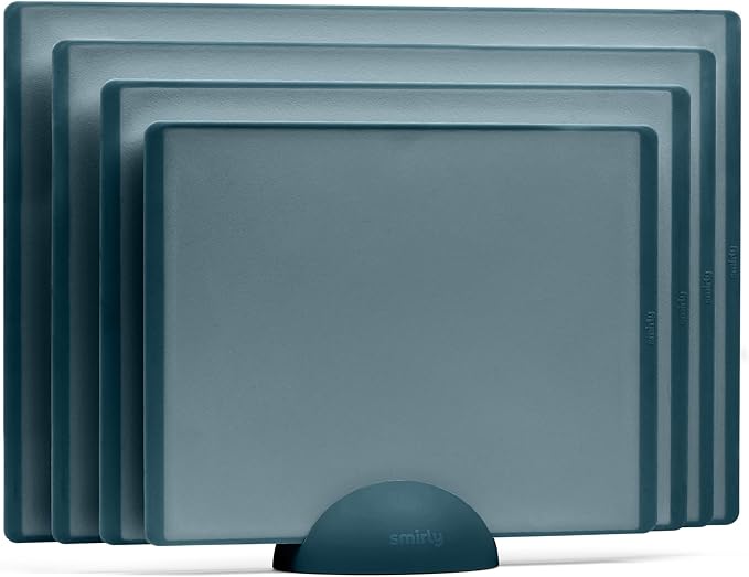 SMIRLY Plastic Cutting Board Set with Holder 4 Pieces, Non-Slip Dishwasher Safe Chopping Boards for Kitchen, Blue