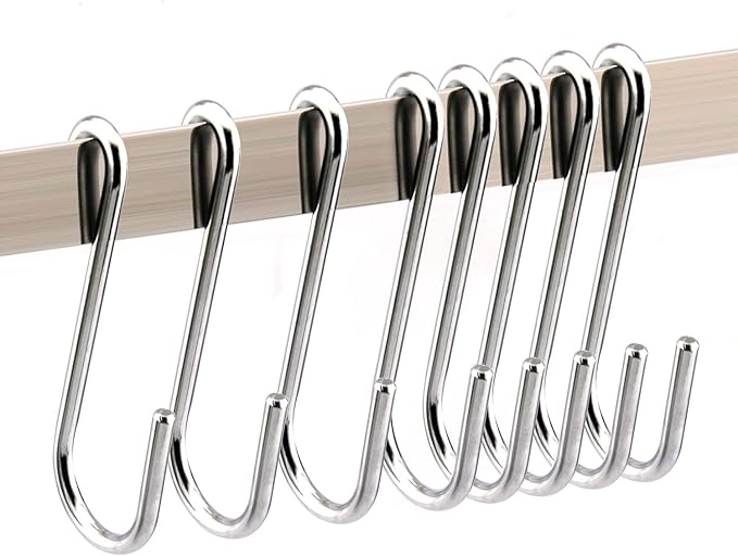 Chrome Finish Steel S hook Cookware Universal Pot Rack Hooks Sturdy Hanging Hooks - Multiple uses for Kitchenware, Pots, Utensils, Plants, Towels - Set of 10
