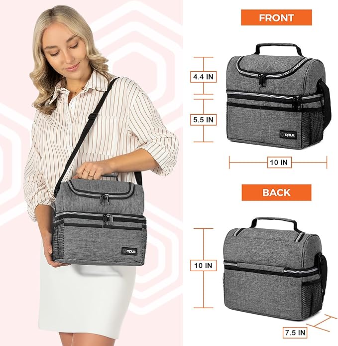 OPUX Lunch Box For Men Women, Insulated Large Lunch Bag Adult Work, Double Decker Lunchbox Meal Prep Dual Compartment Leakproof Lunch Cooler, Soft Lunch Pail Tote Boys Girls Kids School, Heather Gray