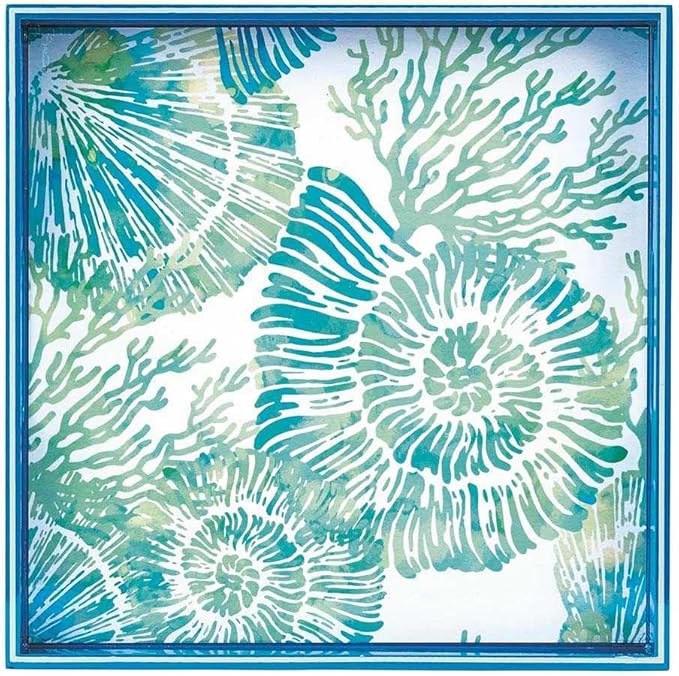 Nautilus Shells 15inch Square Lacquered Wooden Serving Tray with Handles, Coffee Table Ottoman Tray for Dining. for Food, Drinks, Cocktail, Great for Parties, Entertaining & Gift