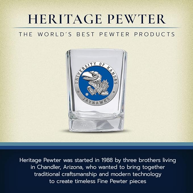 Heritage Pewter University of Kansas Jayhawks Square Shot Glass | Hand-Sculpted 1.5 Ounce Shot Glass | Intricately Crafted Metal Pewter Alma Mater Inlay