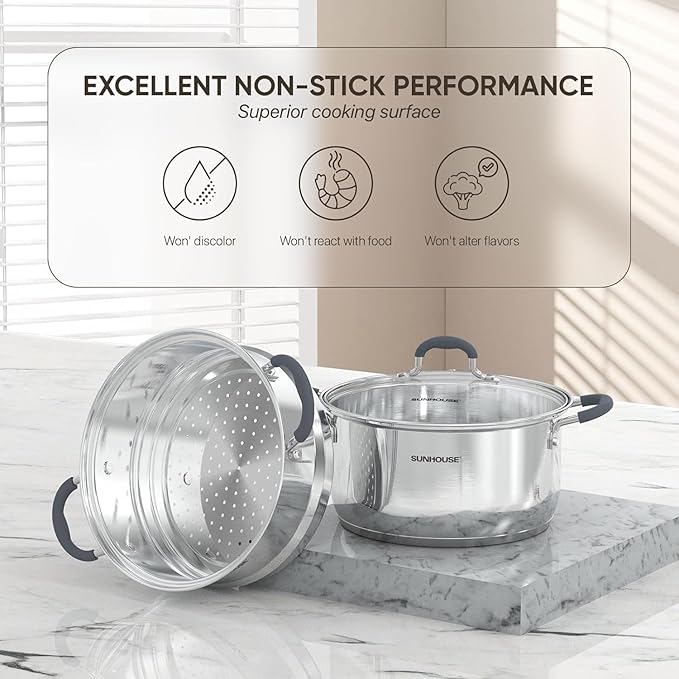 SUNHOUSE - 3.1 Quart Steamer Pots With Lid 2-Tier Multipurpose Stainless Steel Steaming Pot Cookware With Handle For Vegetable, Dumpling, Sauce, Food - Triple Bottom, Measurement Line