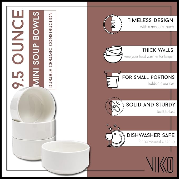 Vikko Modern Soup Bowls, Set of 4 White Porcelain Bowls, Stackable 9.5 oz Elegant Restaurant Style Soup Bowl Set, Microwave and Dishwasher Safe