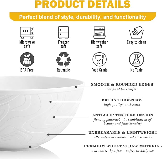 Wheat Straw Cereal Bowls 40 OZ, Unbreakable Bowls Set of 6, Microwave & Dishwasher Safe Bowl for Kitchen, Reusable Plastic Bowl for Cereal, Soup, Salad and Ramen, White