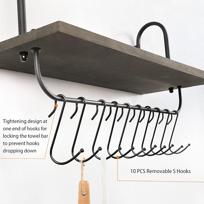 Olakee Floating Wall Shelves for Bathroom Kitchen Coffee Nook with 10 Adjustable Hooks for Mugs Cooking Utensils or Towel Rustic Storage Shelves Set of 2/17x5.9 inch (Weathered Grey)