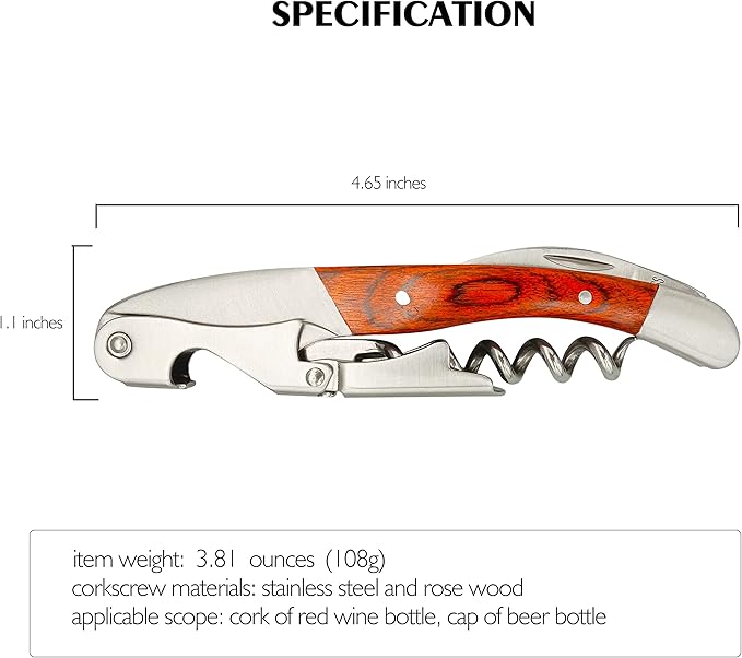 Exquiste Waiter Corkscrew for Bartenders, Professional Wine Opener With Premium Rosewood Handle,Double Hinged Bottle Opener with Serrated Foil Cutter for Sommelier, Bartend