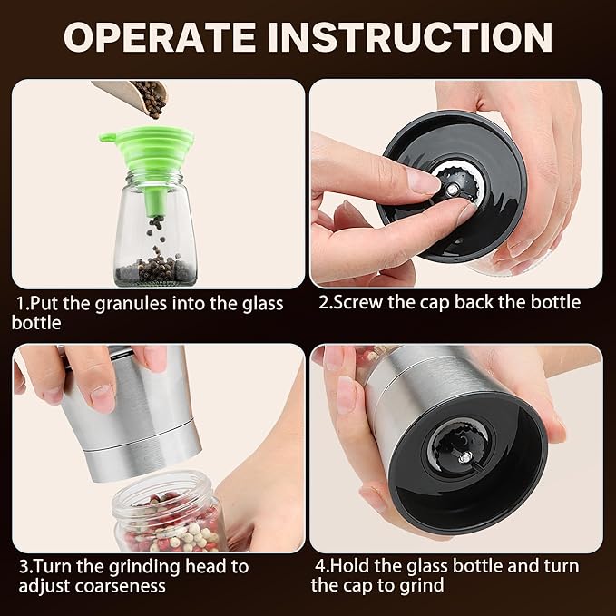 Manual Salt or Pepper Grinder for Professional Chef, Best Spice Mill with Stainless Steel Cap, Ceramic Blades and Adjustable Coarseness, Refillable Glass Body with 6OZ Capacity