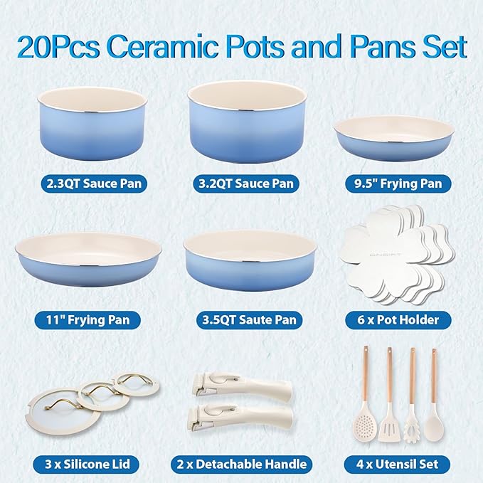 20pcs Ceramic Cookware Set Nonstick, Detachable Handle Pots and Pans Set, Non Toxic,No PFAS & PTFE & PFOA, Dishwasher/Oven Safe, RV Kitchen Set Removable Handle for Cooking, Blue