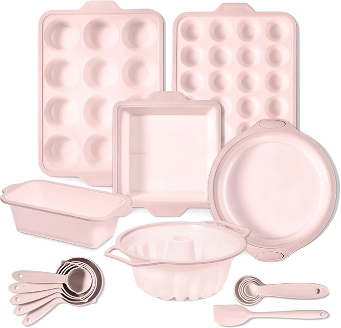COOK WITH COLOR 17 Pc. Silicone Baking Pan Set - Non-Stick & Easy Clean Silicone Muffin Pans for Baking with Sturdy Metal Frame for Stability, Flexible Cake Molds, Includes Measuring Cups and Spoons