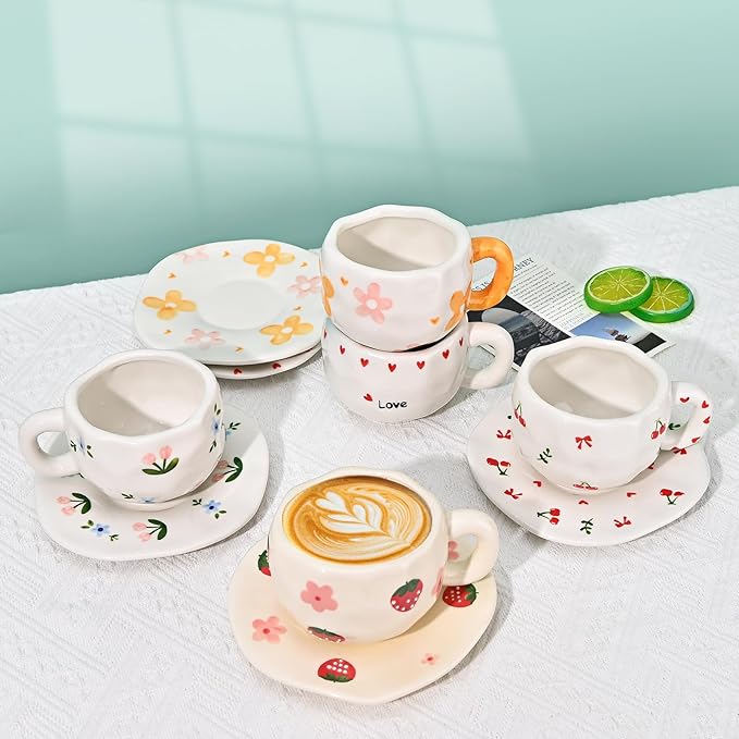 Koythin Ceramic Coffee Mug with Saucer Set, Cute Creative Love Heart Cup Unique Irregular Design for Office and Home, 10 oz/300 ml for Latte Tea Milk