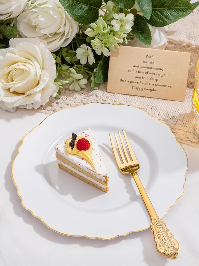 WDF 60pcs Gold Dessert Plates-7.5inch Baroque White and Gold Small Plastic Plates/Disposable Dessert/Salad/Cake/Appetizer Plastic Plate for Upscale Thanksgiving Parties/Wedding/Birthday