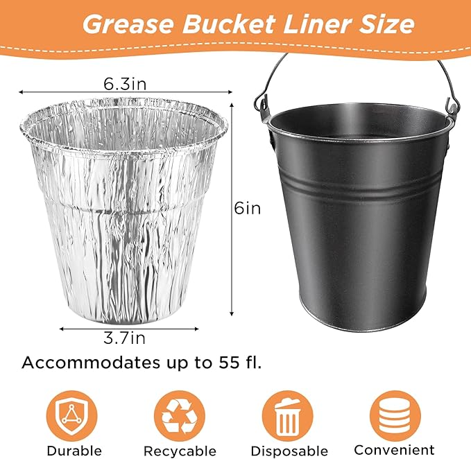 24 Pack Disposable Foil Liners & Grease Bucket Liners for Pit Boss Grills 67292 Foil, Oklahoma Joe's 9518545P06, Ironwood, Flatrock, Recteq Large Bucket etc. 6.3 x 6.0”, Disposable Drip Bucket Cup