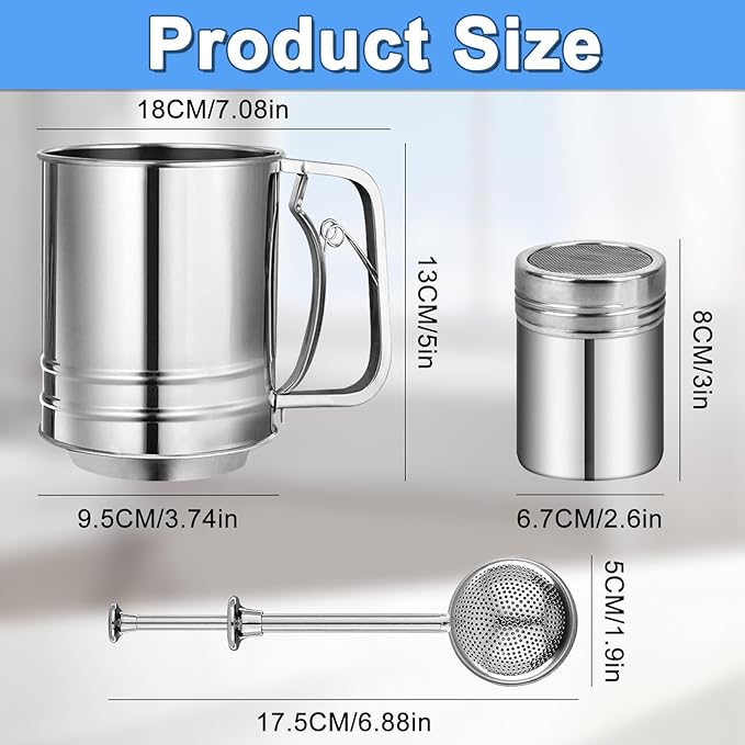 Flour Sifter Stainless Steel,5 Cup Flour Sifter for Baking,3 in1 Sifter for Baking with Powdered Sugar Shaker Duster, Flour Shaker Duster for Baking Cakes, Pastries, Pies, Cupcakes and Desserts