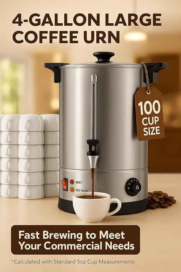 100 Cups Coffee Urn, Commercial Coffee Maker, Dual Wall Stainless Steel Coffee Urn Large Coffee Dispenser Insulated For Catering Business Wedding Party