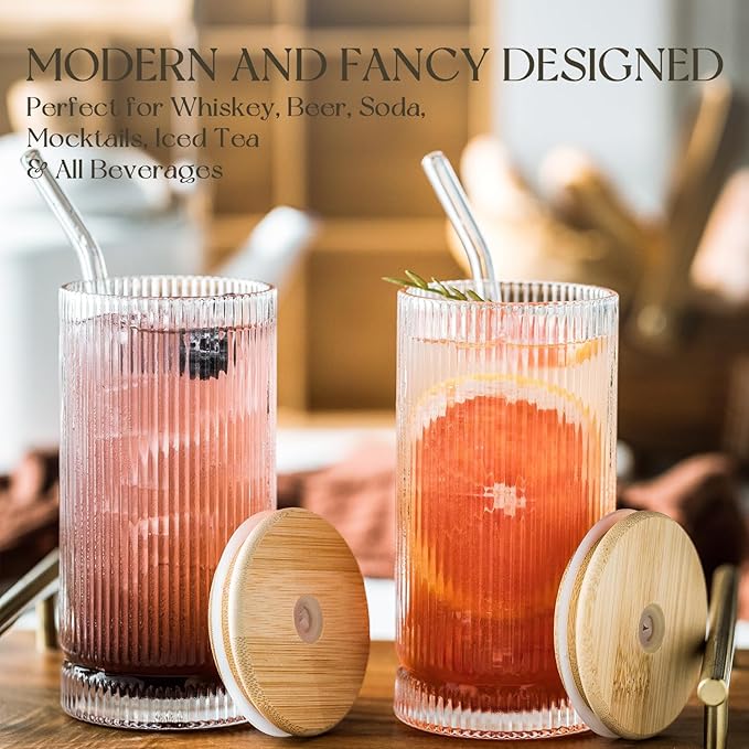 Vintage-Style 16oz Tall Drinking Glasses: Set of 6 Ribbed Glassware with Lids and Straws - Perfect for Cocktails, Smoothies, Juice, Beer, and Coffee - Versatile Design for All-Occasions (6Pcs)