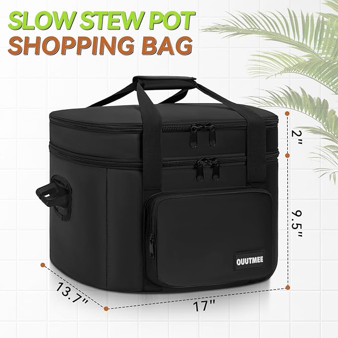Slow Cooker Travel Bag, Double Layers Insulated Slow Cooker Carrier, Compatible with 6-8 Quart Crock Pot, Travel Carrier with Easy to Clean Lining and Large Pocket for Accessories
