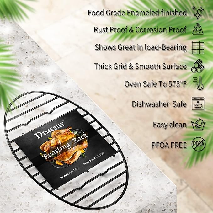 Roasting Rack, Black with Integrated Feet, Enamel Finished, Nonstick, fit for 15 inches oval roasting pan, safety, dishwasher, Great for Basting, Cooking, Drying, Cooling rack. (12.5”x 8.5”)